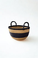 Handwoven Natural & Black Stripe Bolga Basket - Large Round
