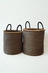 Medium handwoven hamper natural with black stripes made in Ghana for Made Brave