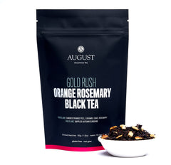 Gold Rush loose leaf black tea with caramel orange peel and rosemary