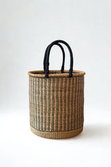Raffia laundry hamper in natural with black vertical stripe made in Ghana