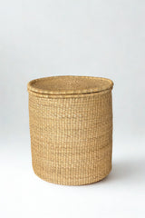 Handwoven hamper with lid in natural elephant grass from Ghana by Made Brave