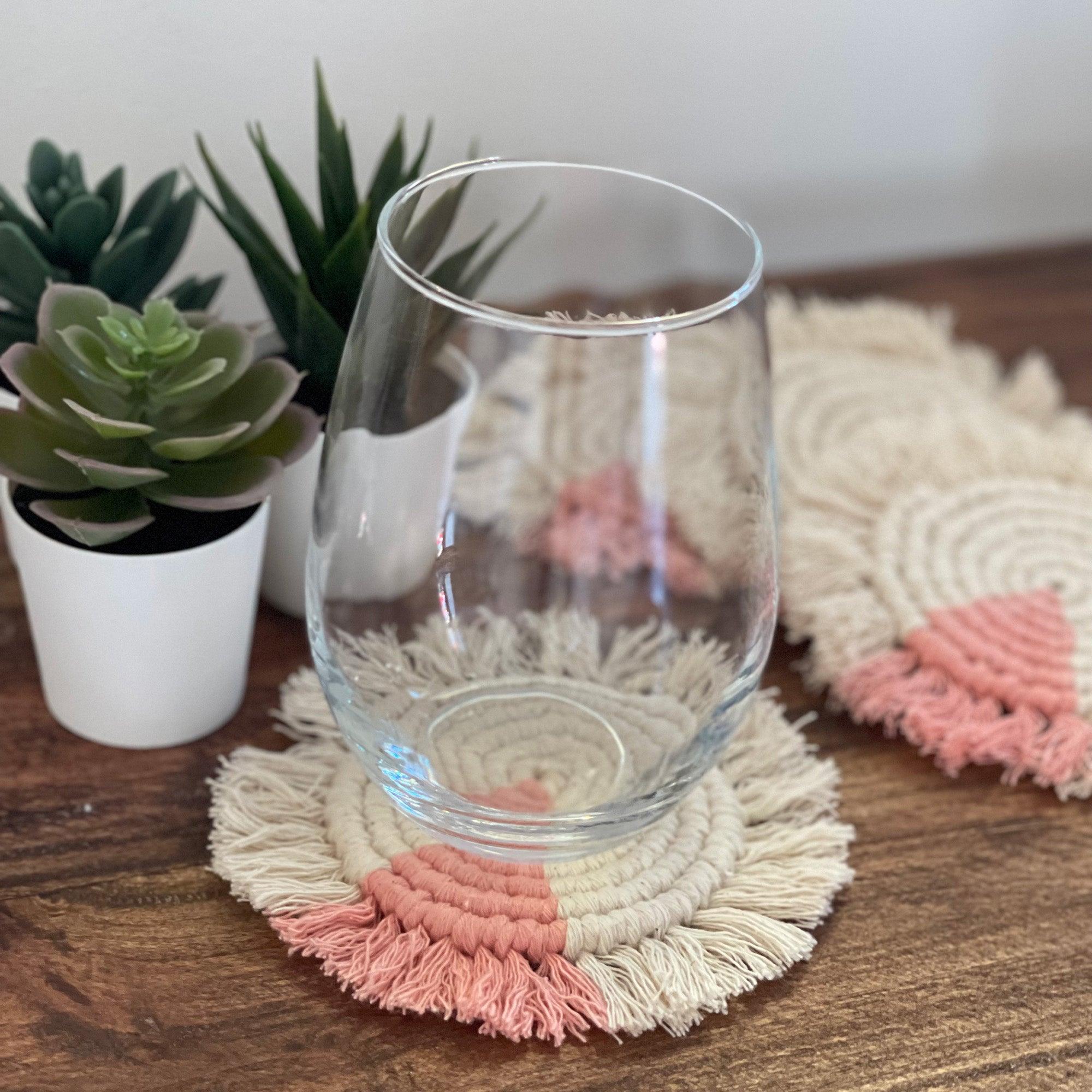 Macrame Coasters in Blush with Fringe set of four Made Brave