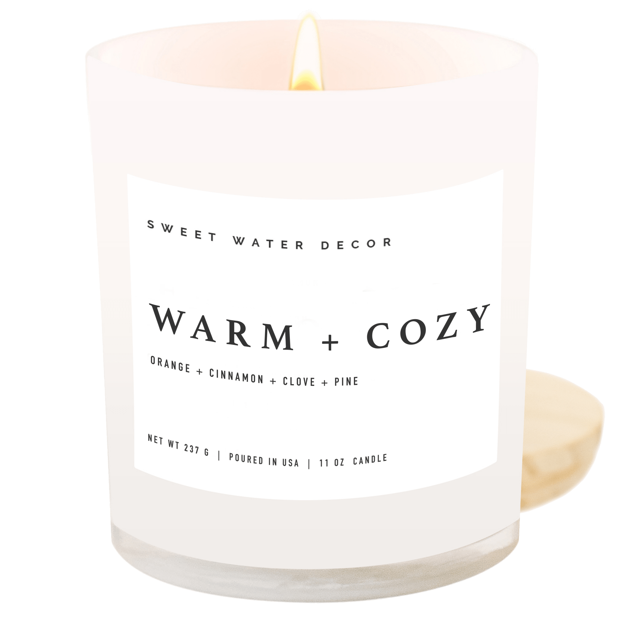 Warm and Cozy soy candle white jar 11 oz wood lid Sweet Water Decor Made Brave