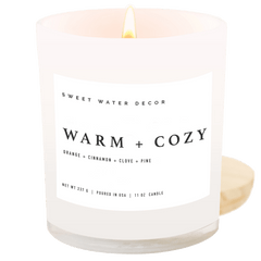 Warm and Cozy soy candle white jar 11 oz wood lid Sweet Water Decor Made Brave