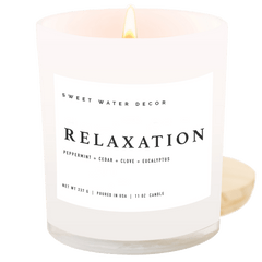 Relaxation soy candle white jar 11 oz wood lid Sweet Water Decor Made Brave