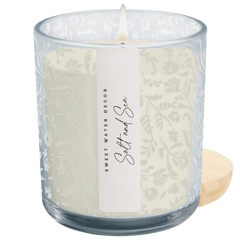 Salt and Sea soy candle blue floral glass jar 12 oz wood lid Sweet Water Decor Made Brave
