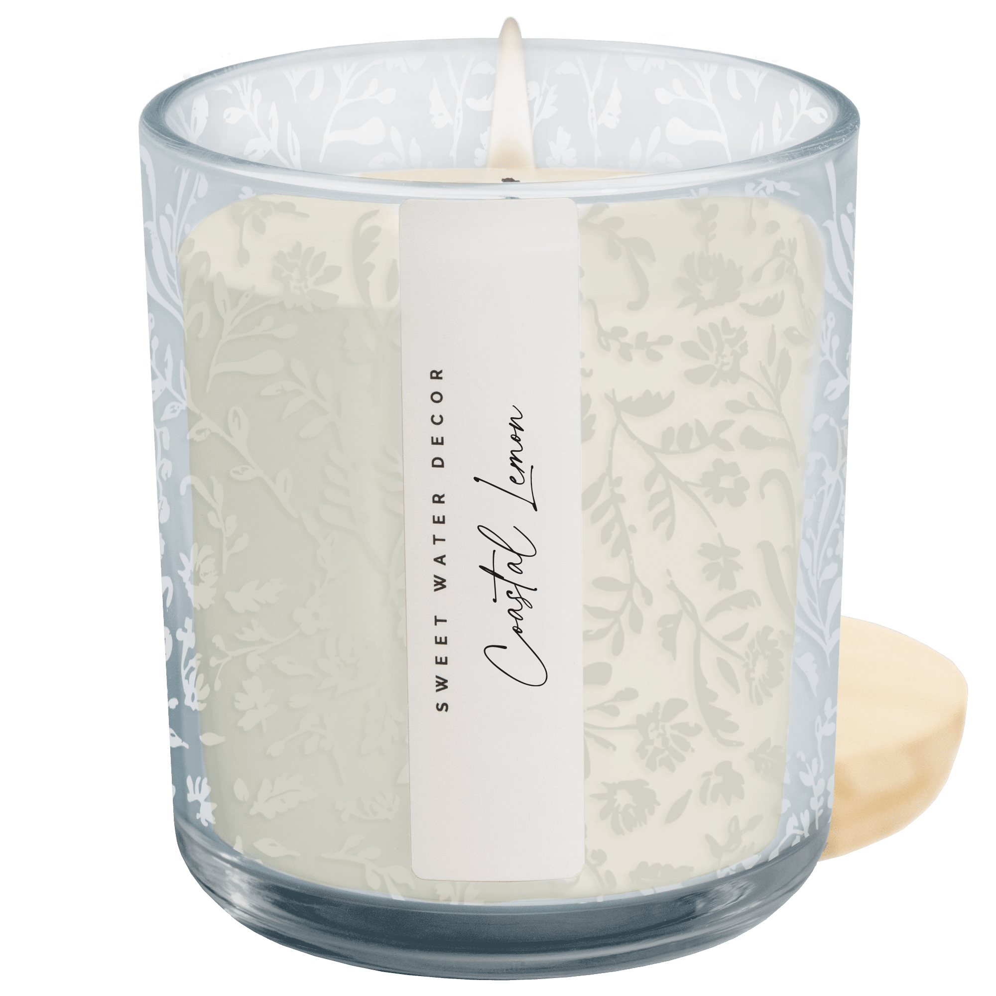 Coastal Lemon soy candle blue floral glass jar 12 oz wood lid Sweet Water Decor Made Brave