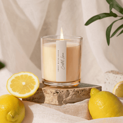 Tinted glass lemon citrus soy candle wood lid coastal home fragrance