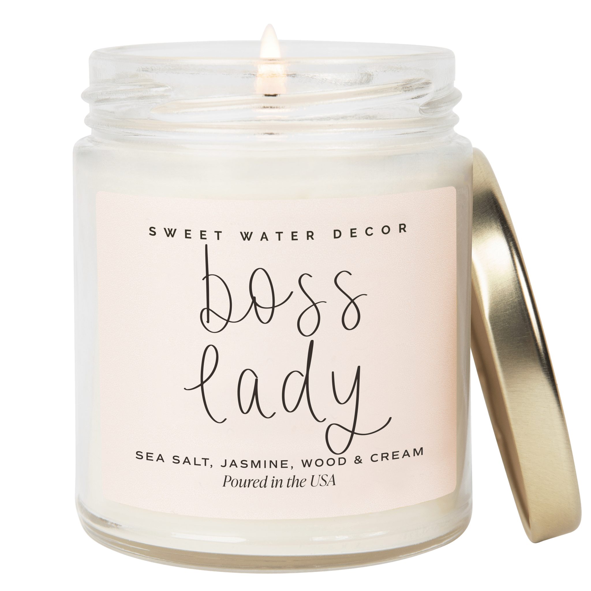 Boss Lady soy candle spa day scent clear jar gold lid Sweet Water Decor Made Brave