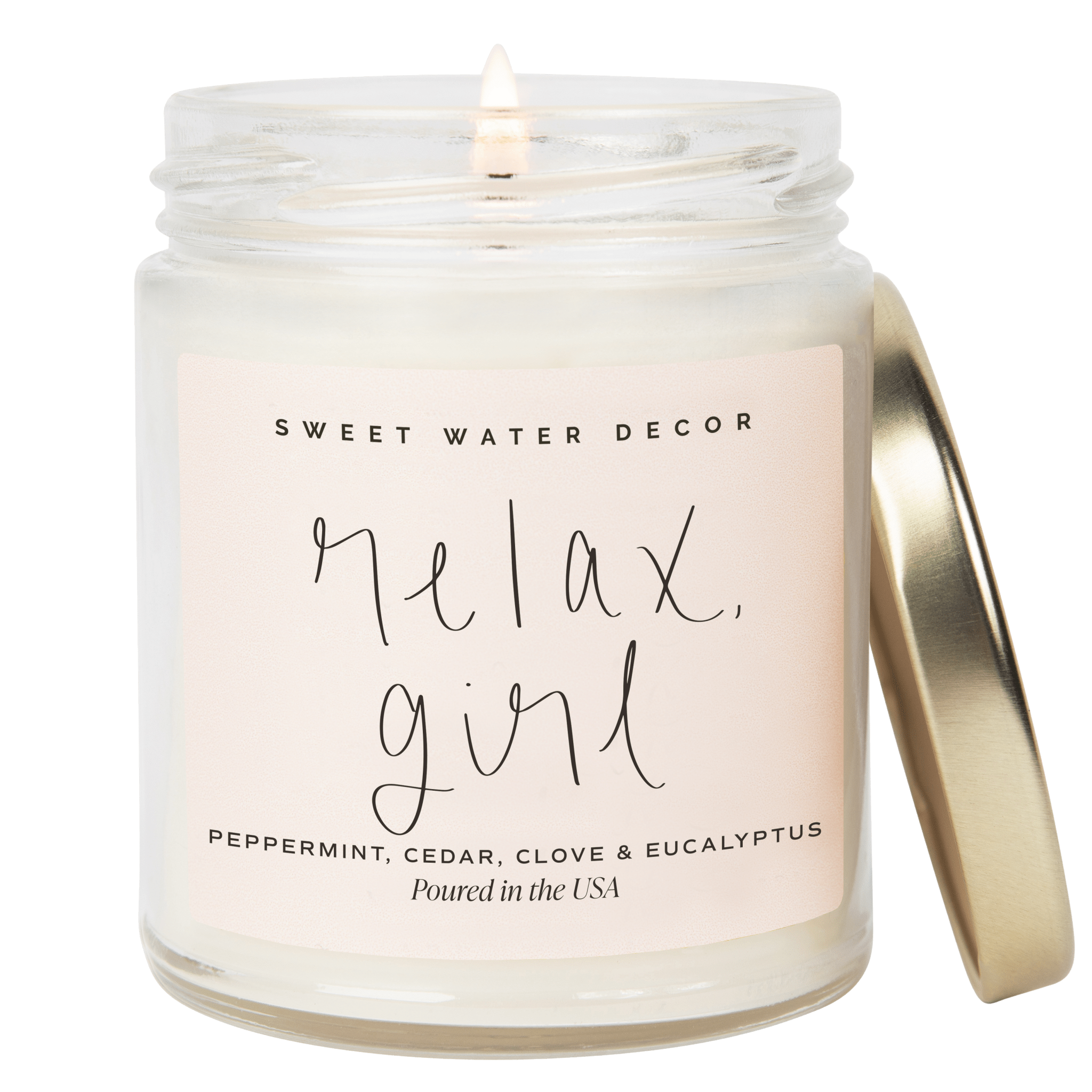 Relax Girl soy candle clear jar 9 oz Sweet Water Decor Made Brave
