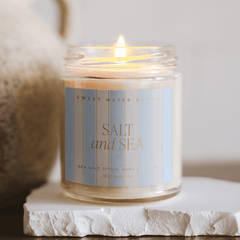 Gold foil patterned label candle sea salt citrus amber scent