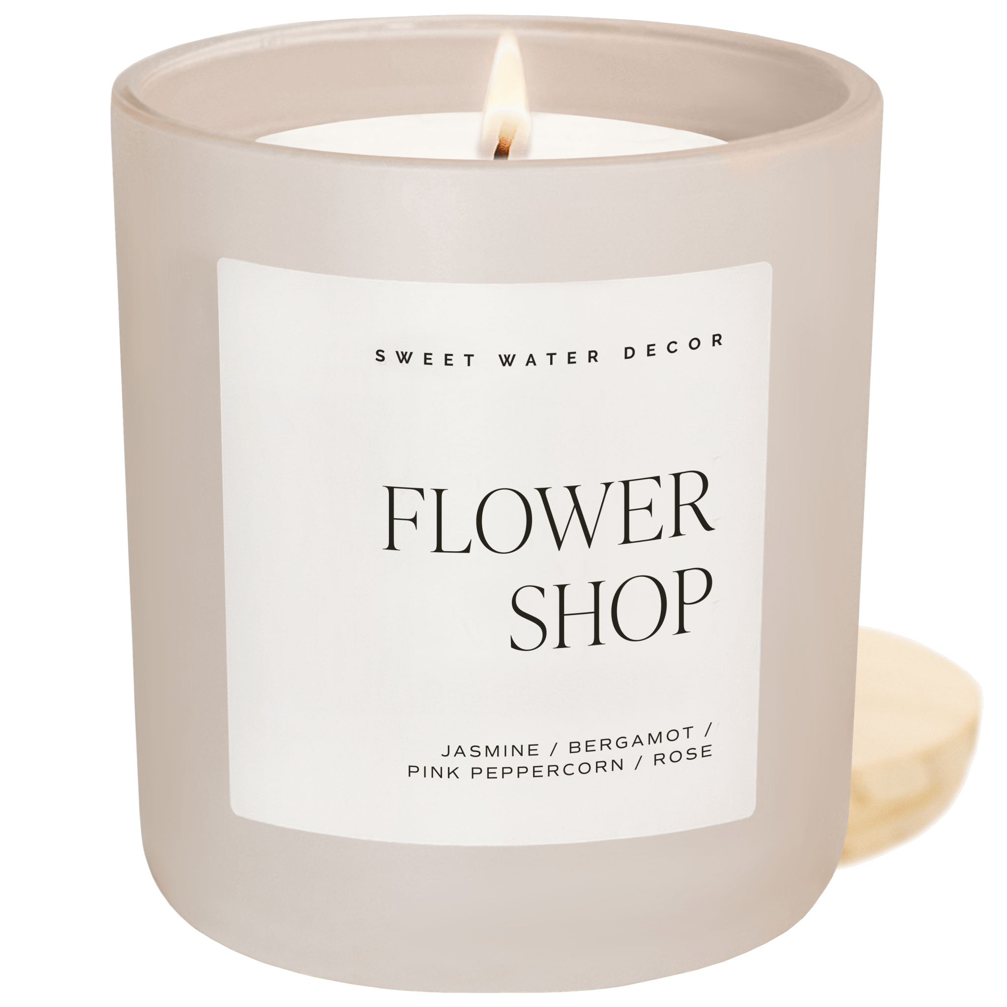 Flower Shop soy candle tan matte jar 15 oz wood lid Sweet Water Decor Made Brave