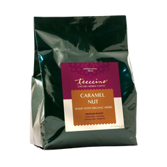 Caramel Nut Chicory Herbal Coffee package styled on a kitchen counter