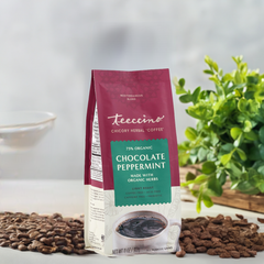 Chocolate Peppermint herbal coffee brewed in a mug from Made Brave