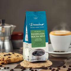 Dandelion Mocha Mint herbal coffee brewed in a mug from Made Brave