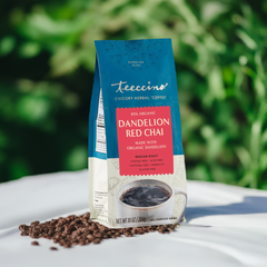 Dandelion Red Chai herbal coffee brewed in a mug from Made Brave