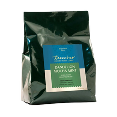 Dandelion Mocha Mint Herbal Coffee package styled on a counter