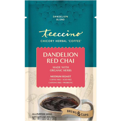 Dandelion Red Chai Herbal Coffee package styled on a counter