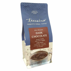 Dark Chocolate Prebiotic SuperBoost Herbal Coffee package styled on a counter