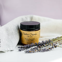 Organic cane sugar body scrub texture with shea butter and lavender oil
