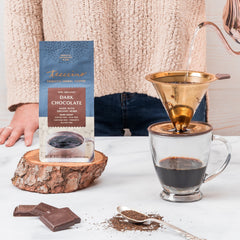 Dark Chocolate herbal coffee brewed in a mug from Made Brave