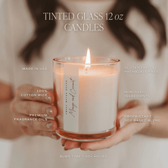 Hand-poured soy candle burning warm glow tinted glass jar cozy home fragrance