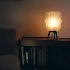 Sculptural wavy texture detail 3D-printed recycled PLA table lamp Wooj Design