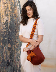 Close up of crochet pattern on Made Brave Terracotta mochila bag