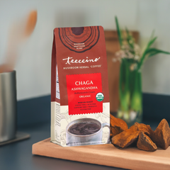 Chaga Ashwagandha herbal coffee brewed in a mug from Made Brave