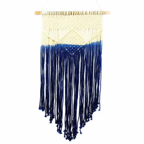 Blue Macrame Wall Hanging in natural and navy two tone Made Brave
