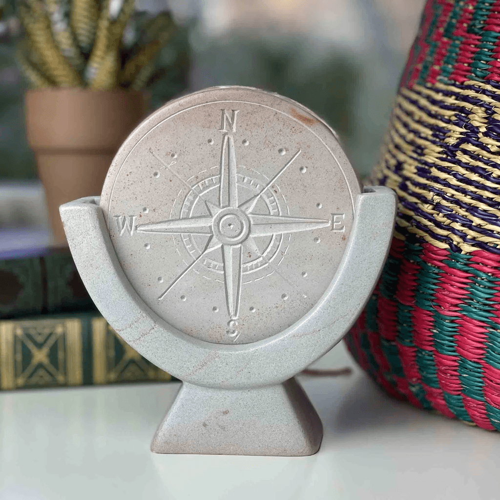 Compass Soapstone Sculpture hand-carved Kisii stone Kenya Made Brave