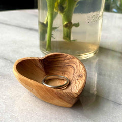 Olive Wood Heart Trinket Bowls set of two on a nightstand shelf Made Brave