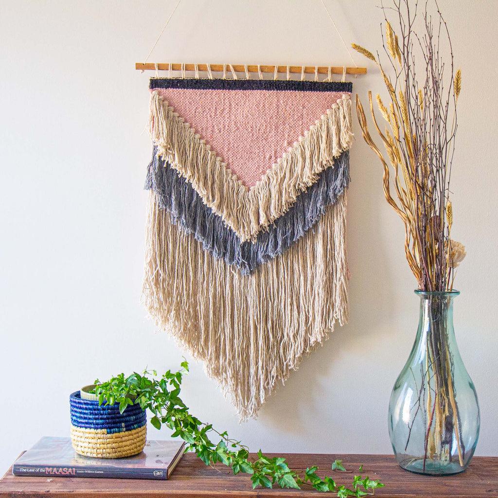 Handwoven Boho Wall Hanging pink cream and charcoal recycled cotton Made Brave