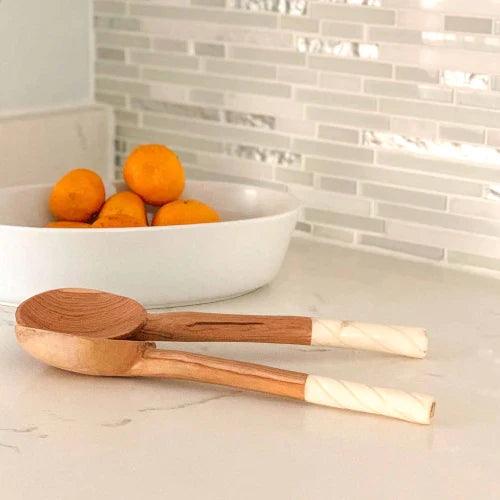 Olive Wood Salad Servers with rounded bone handles Made Brave