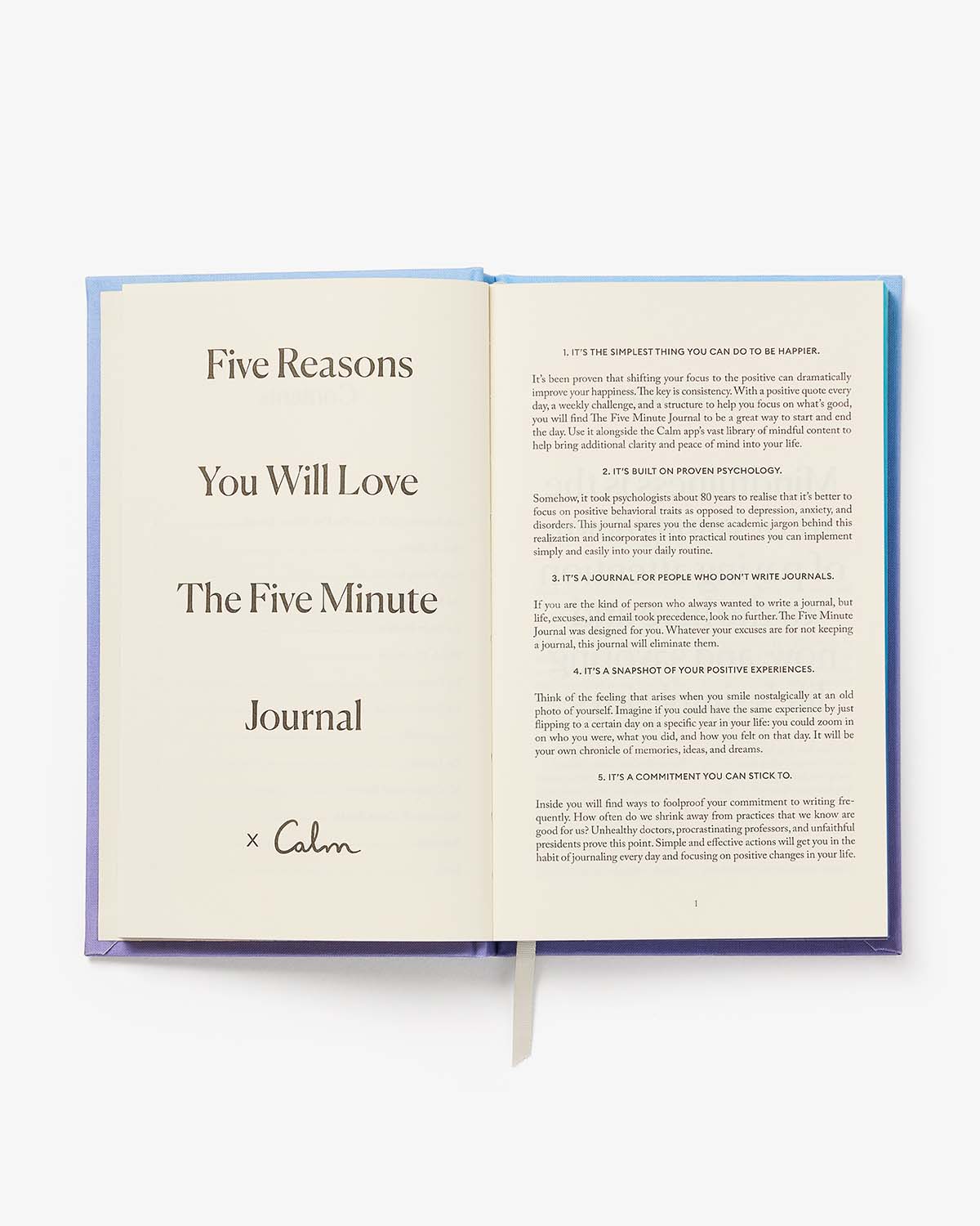 Five Minute Journal open to daily gratitude prompts morning and evening