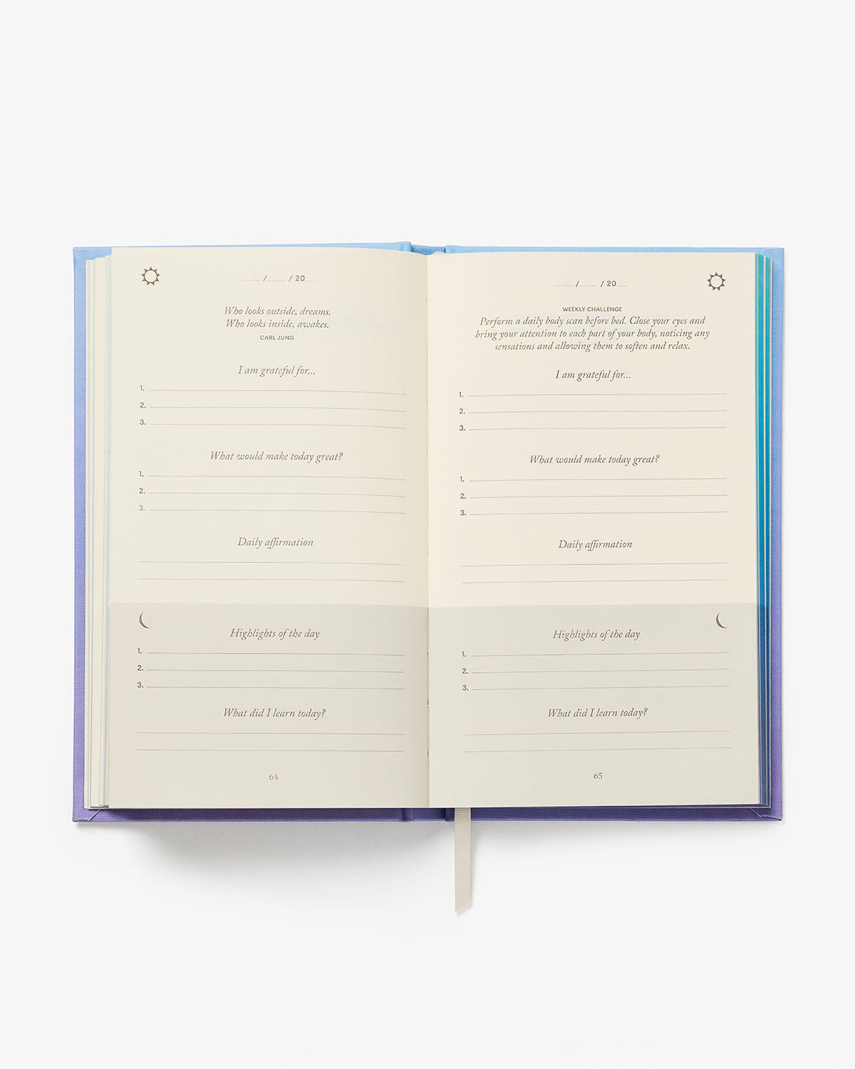 Five Minute Journal open to daily gratitude prompts morning and evening