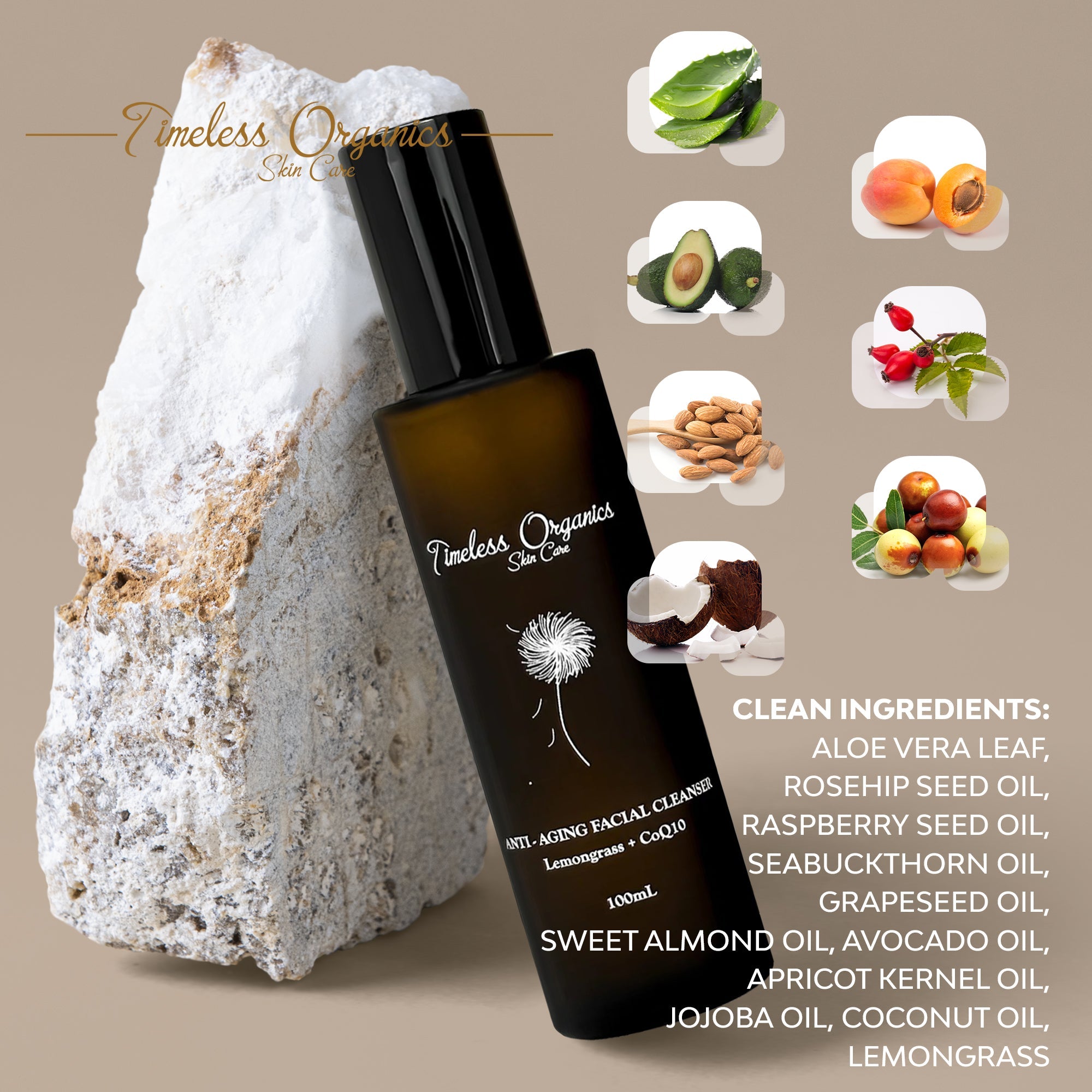 Anti-aging cleanser ingredients rosehip sea buckthorn CoQ10 organic oils