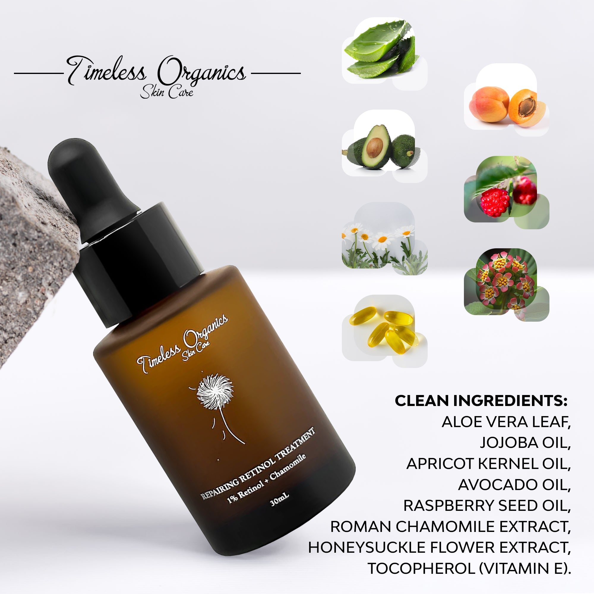 Organic retinol serum ingredients jojoba avocado rosehip chamomile