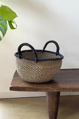 Handwoven Natural & Black Checkerboard Bolga Basket - Large Round