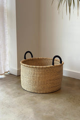 Handwoven Hamper with Leather Handles - Natural - Medium