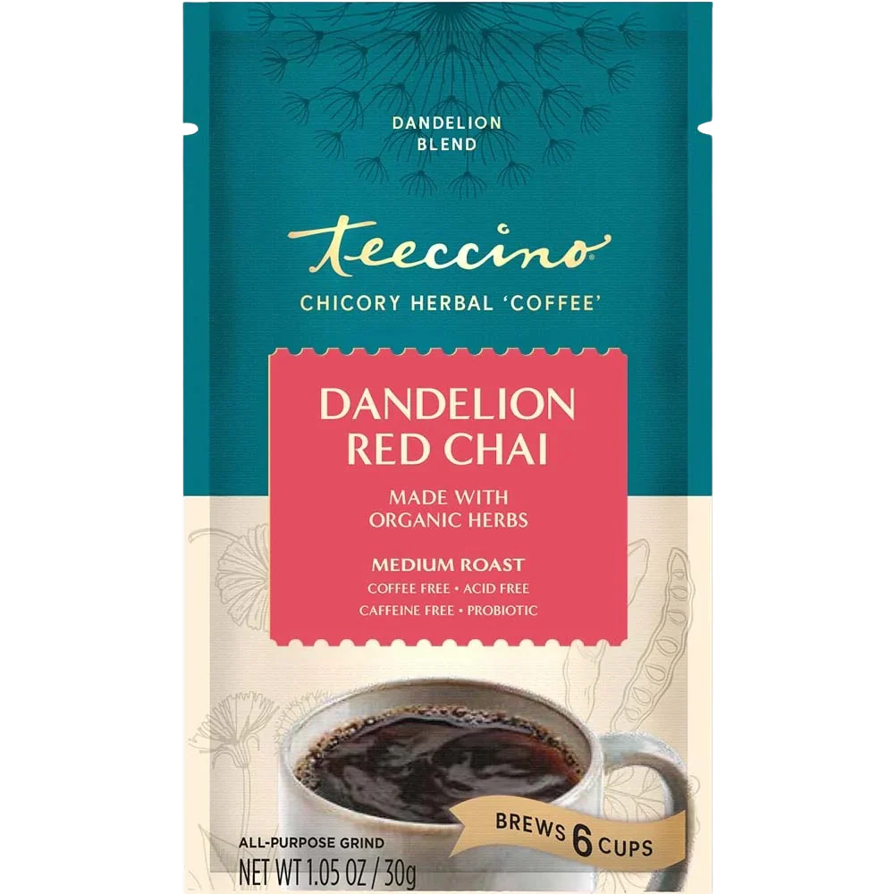 Dandelion Red Chai Herbal Coffee package styled on a counter