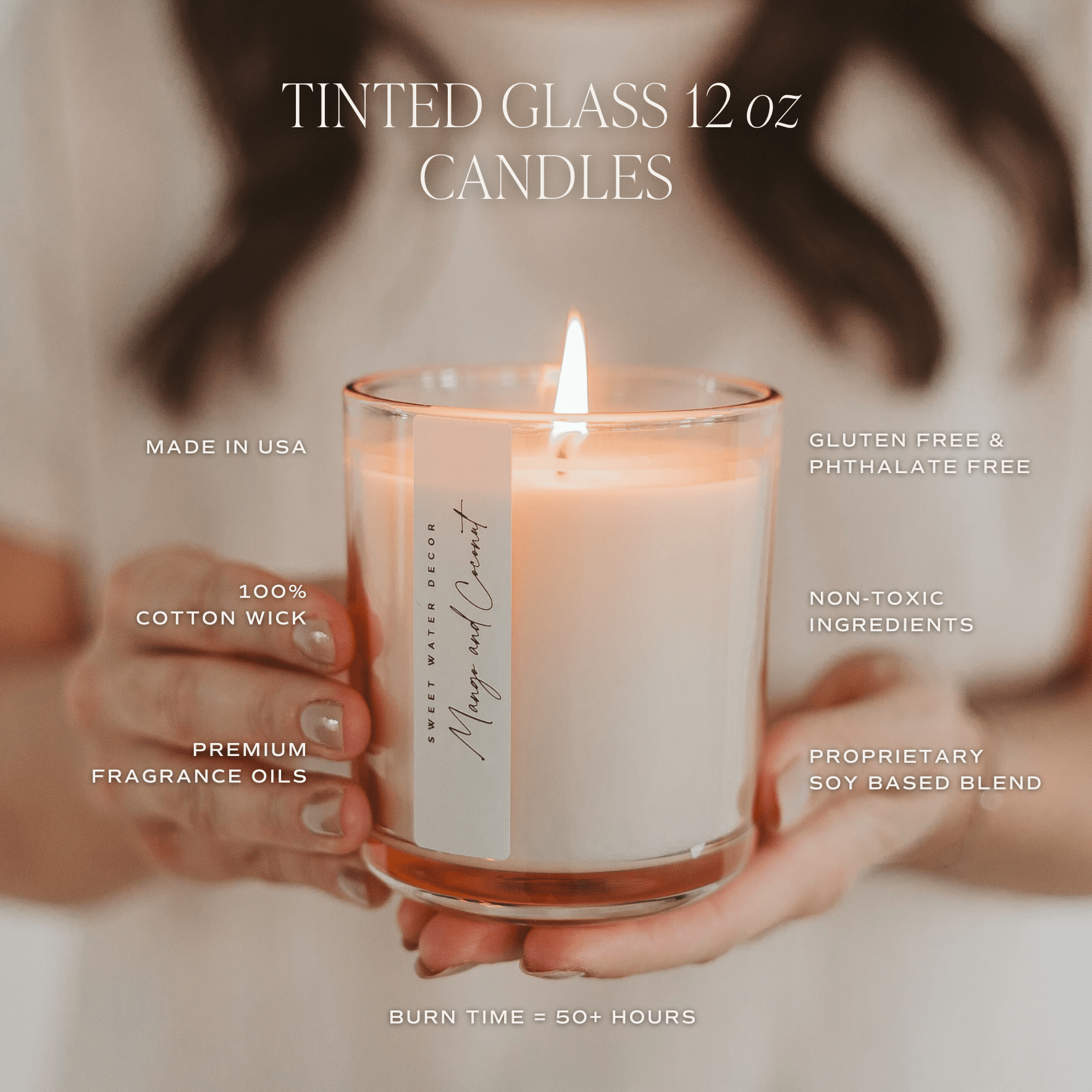 Hand-poured soy candle burning warm glow tinted glass jar cozy home fragrance